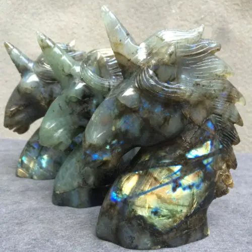 Natural labradorite  Handcrafted Unicorn Skull Figurine, Healing Energy Carved Crystal Gemstone-1pc