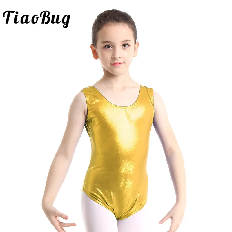 Tiaobug Gadis Tanpa Lengan Mengkilap Balet Senam Leotard Anak Warna Solid Olahraga Baju Anak-anak Tahap Kinerja Kostum Tari