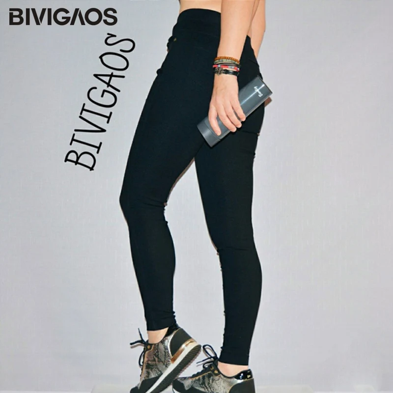 BIVIGAOS Spring Fashion Womens Casual Skinny Leggings Slim High Elastic Pocket Pencil Pants Woven Leggings For Women Jeggings