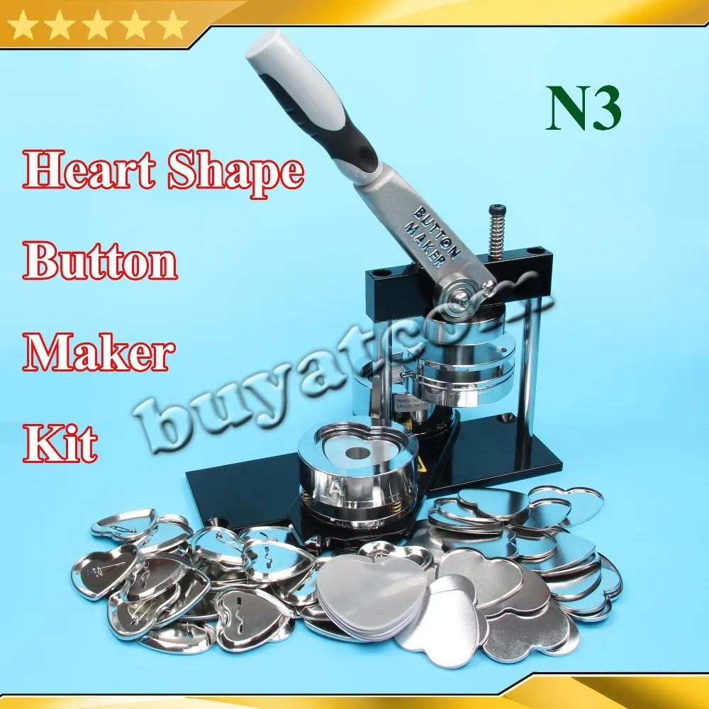 Pro N3 Heart Shape 57x52mm Badge Button Maker Machine with Interchangeable Die Mould +100 Sets Metal Pinback Supplies