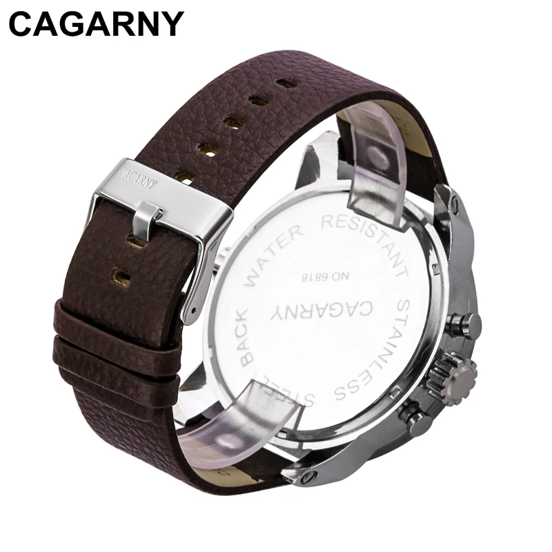 Cagarny Watches Men Luxury Brand Leather Strap Quartz Dual Time Zone Analog Date Men Sports Russian Military Oversize Wristwatch