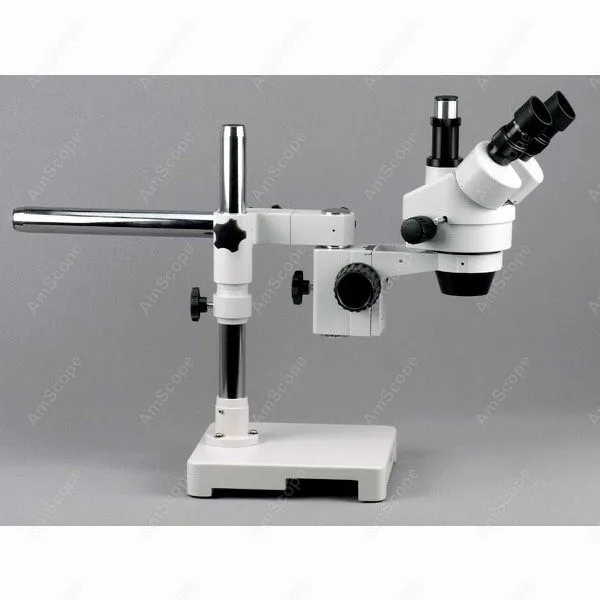 AmScope Supplies 7X-45X Trinocular Stereo Zoom Microscope on Single Arm Boom Stand