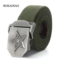 BOKADIAO Men&Women Canvas Belt Luxury CCCP 3D Five Rays Star Metal Buckle Jeans Belt Army Tactical Belts for Male Military Strap