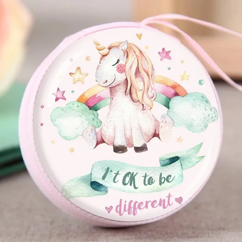 아이 소녀 선물을위한 유니콘 이어폰 가방 철 금속 키 편지지 카드 애니메이션 지퍼가 달린 라운드 스토리지 하드 가방 헤드셋 상자 SD TF