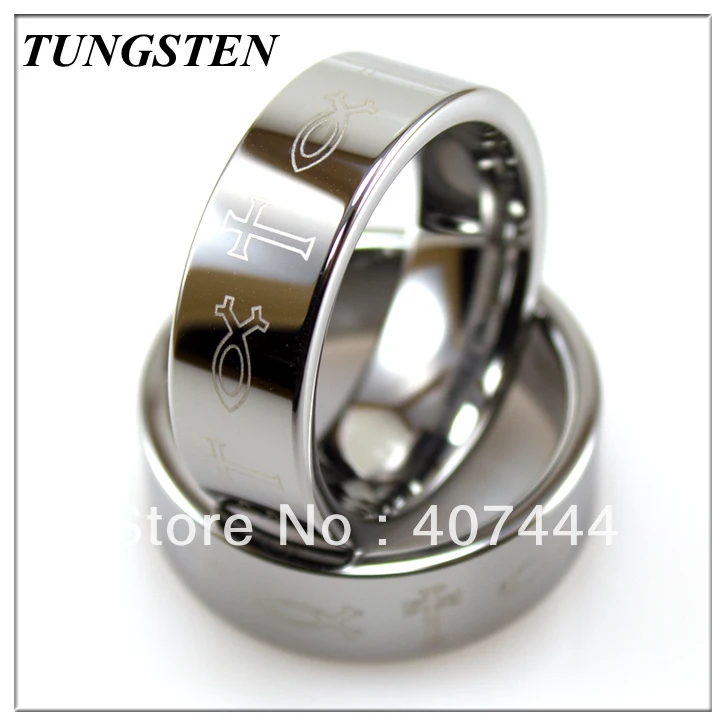 

Wholesales Cheapest Price10 pieces /lot 8MM Tungsten Nature Flat Laser Etched Cross and Ichthys Men's Ring Classic Wedding Ring