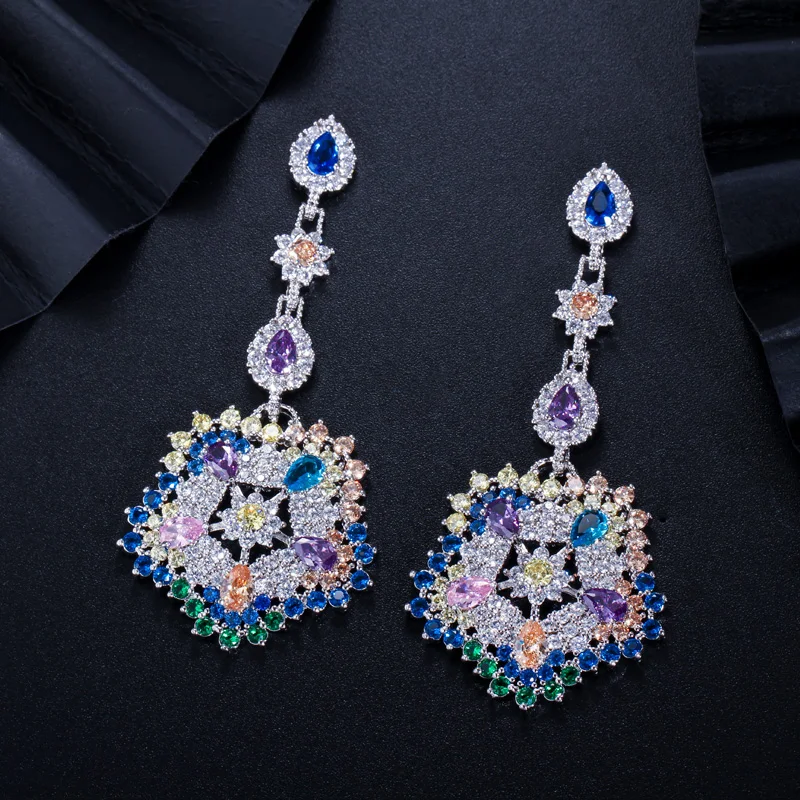 CWWZircons Luxury Multi Colors Cubic Zirconia Long Big Drop Earrings High Quality Women CZ Party Costume Jewelry Accessory CZ353