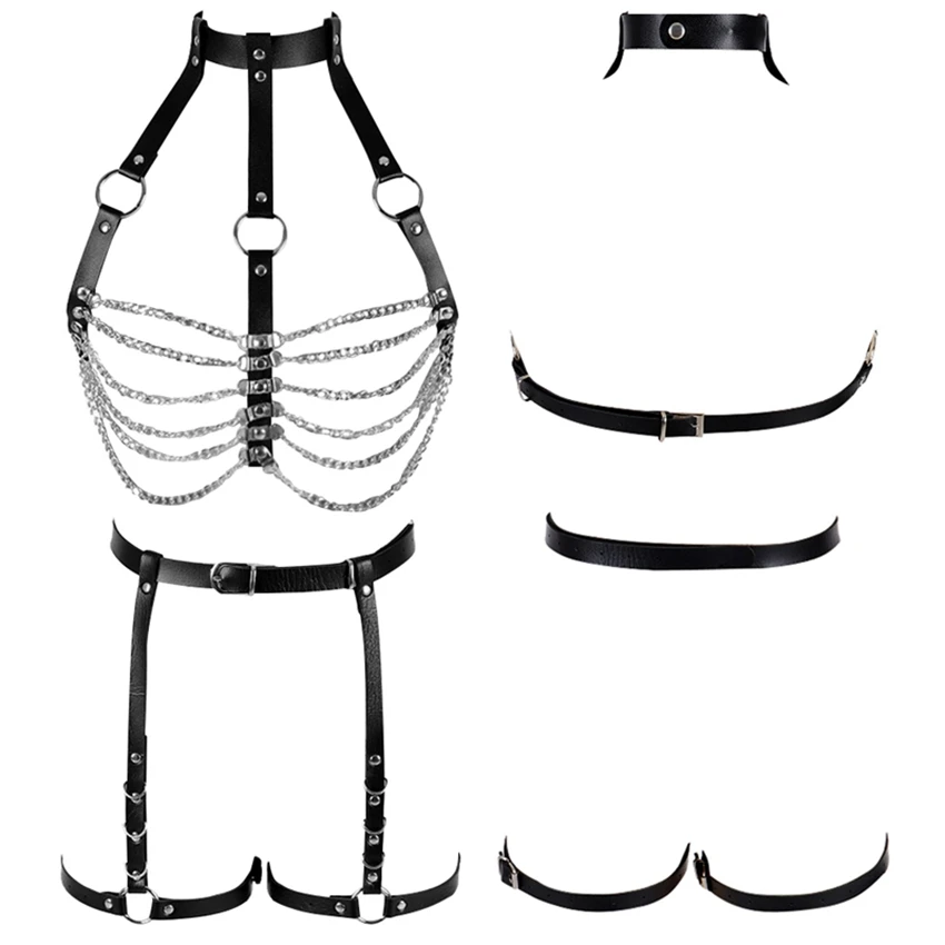 Goth Rave Leather Body Harness Bra Sexy Lingerie Garter Belt Set Full Bondage Adjust Metal Chain Tops Dance Festival for Women