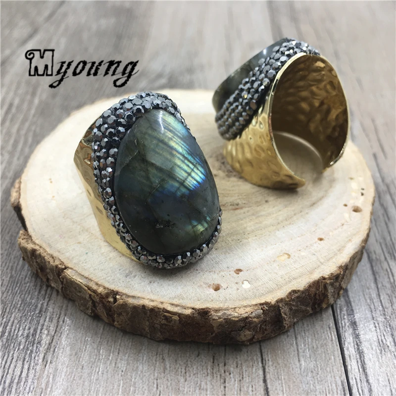 10PCS Large Natural Stone Flash Labradorite Rings With Rhinestone Paved For Women MY1780