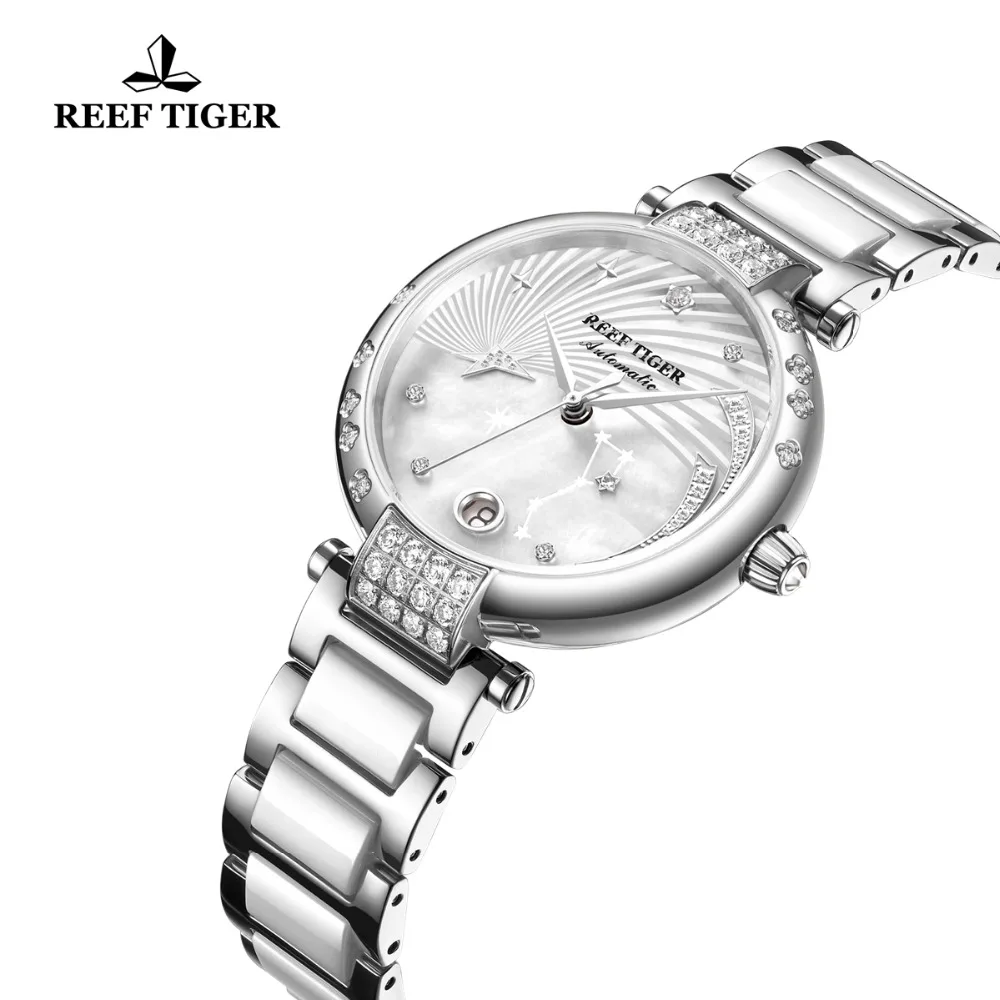 Reef Tiger Fashion and Elegant Steel Watch For Ladies Diamonds White Dial Stainless Steel Strap Automatic Wrist Watches RGA1592