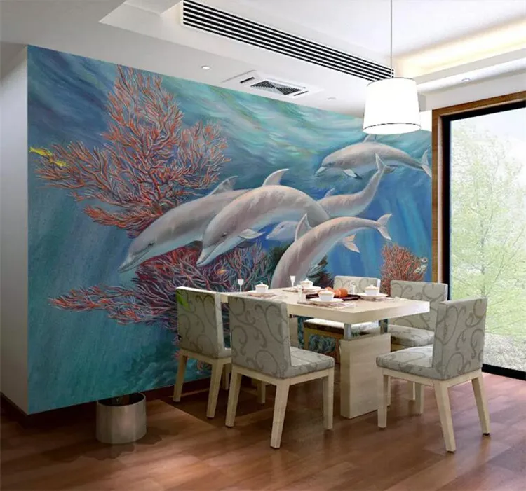 Kustom 3D Wallpaper Non Woven Anak Foto Mural Wallpaper Roll Laut Kartun Dolphin Dekorasi Rumah untuk Kamar Anak Kamar Tidur