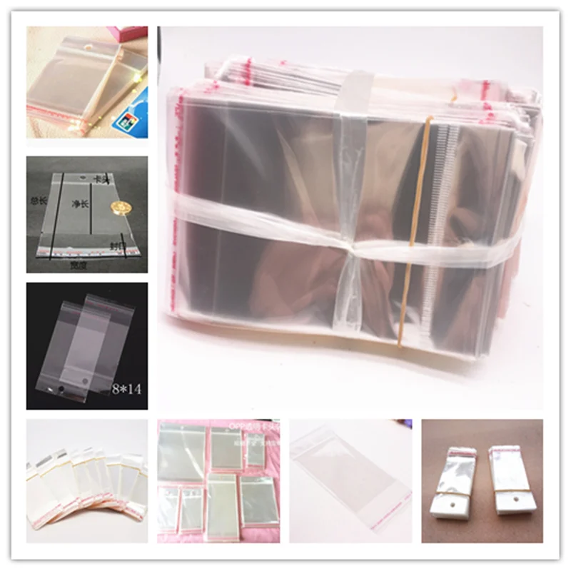 100pcs 6x14cm Clear Self Adhesive Seal Plastic Bags Transparent Resealable OPP Packing Poly Bags Pick Beads Hanging Holes