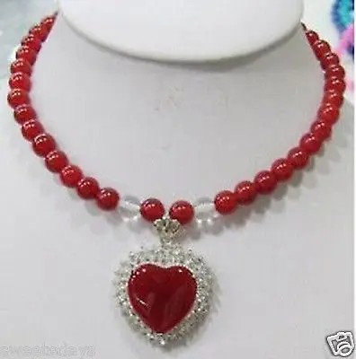 

Fancy 8mm Red Jades Beads Necklace 18" Heart Pendant