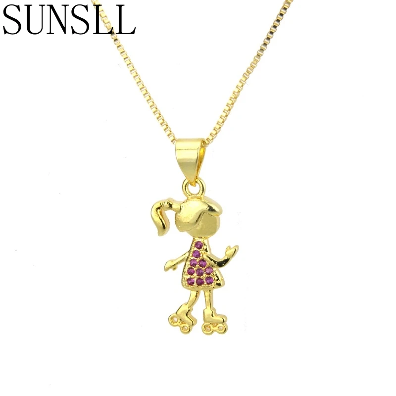 SUNSLL New Gold/Silver Color Cubic Zirconia Tiny Simple Roller Skating Girl Pendant Necklace for Women Jewelry Chain Choker Gift