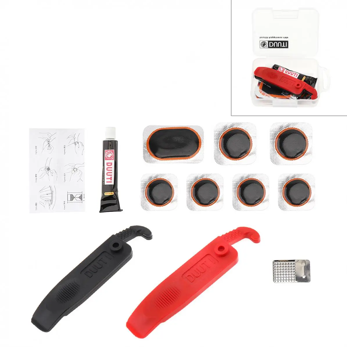 

Bicycle Tire Repair Tool Portable Kit with Patch Crowbar Cement Transparent Box