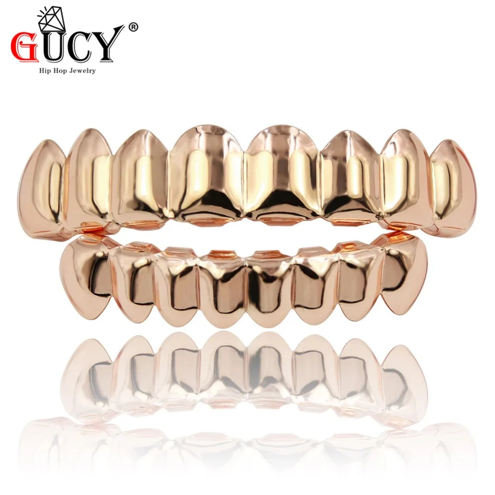 GUCY Grillz-Juego de parrillas con acabado dorado, juego de 8 dientes superiores y 8 dientes inferiores, estilo Hip Hop liso, regalo para Halloween