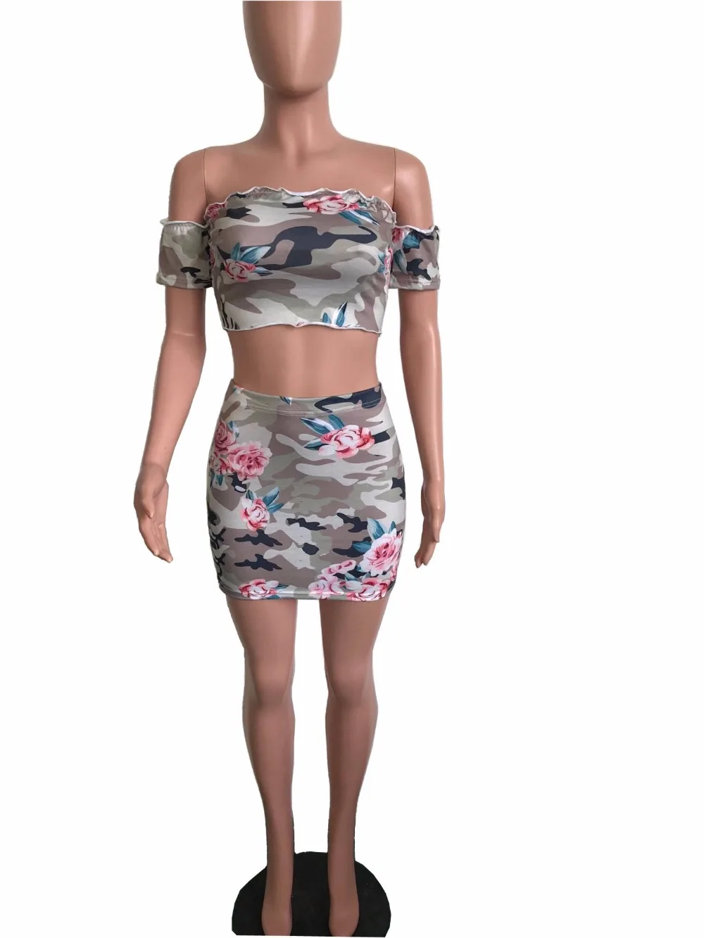 BKLD Women Two Pieces Sets Slash Neck Off The Shoulder Crop Top Floral Print Two Piece Set Skirt Women Casual Camouflage Outfits