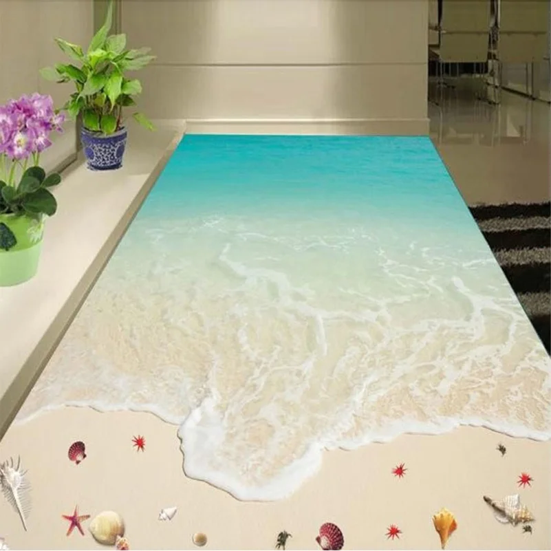 Custom 3D Floor Wallpaper Self-adhesive Waterproof Floor Mural Beach Waves Bedroom Non-slip Wall Paper Home Decor Wall Stickers