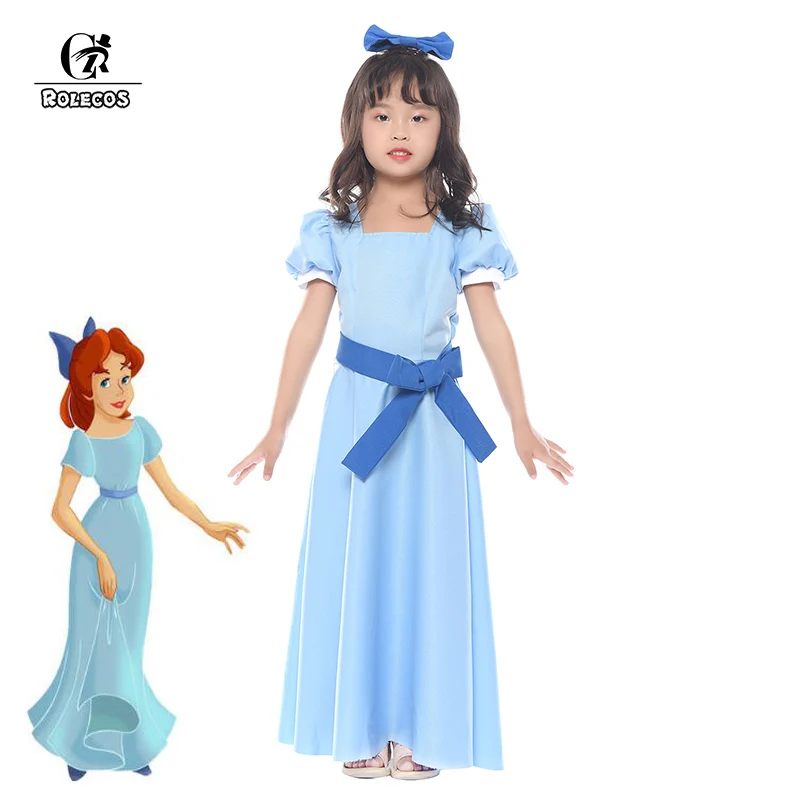 

ROLECOS Peter Pan Wendy Cosplay Costume Blue Girl Dress Half Sleeve Party Princess Dress for Kid Sweet Dress with Belt Bowknot