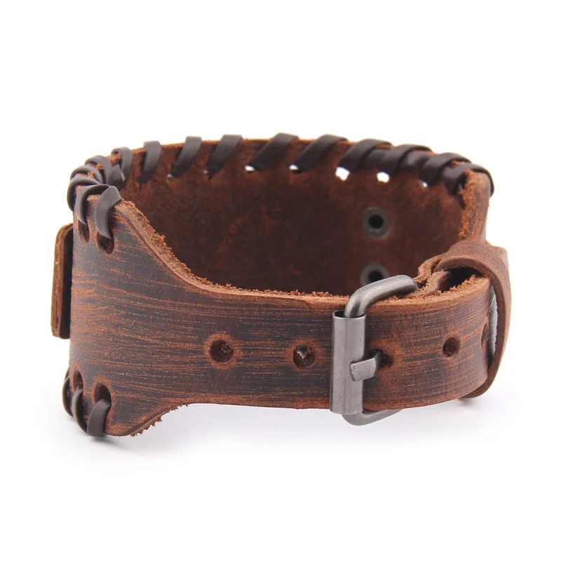 Amulet Sun Wheel Weave Genuine Leather Bangle for Optimism Vintage Wide Bracelets Nordic Viking Bracelet Men Male