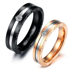 Romantic Lovers's Rings Micro Inlaid CZ Crystal Black & Rose Gold-Color Stainless Steel For Men Women Couple Jewelry