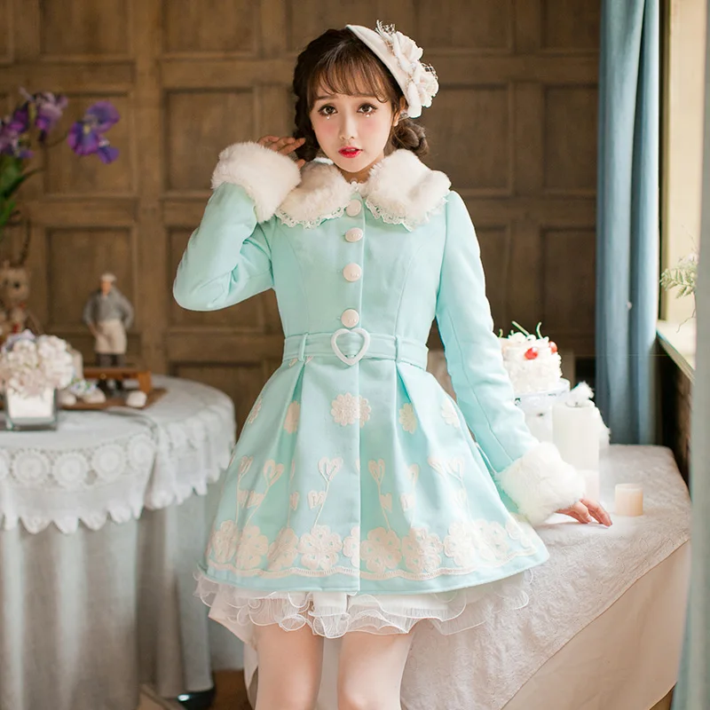 

Princess sweet blue woolen coat Candy rain priting belt Bandage Lace decoration Single breasted Sweet Japanese design C16CD6184