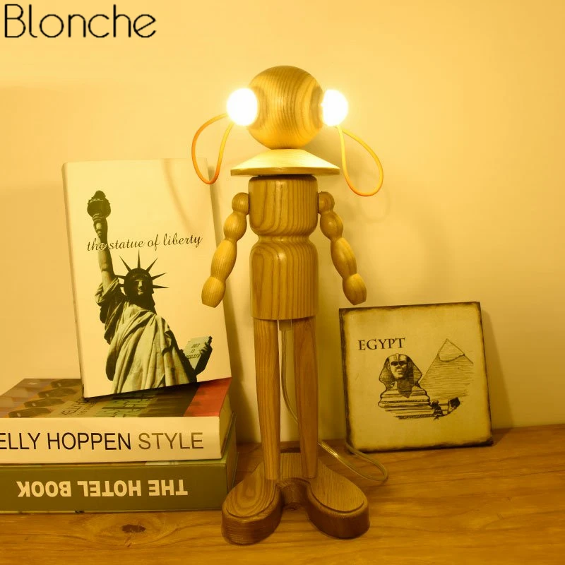 Nordic Solid Wood Robot Table Lamp Bedroom Bedside Lamp Stand Doll Wooden Desk Light Study Reading Fixtures Home Decor Luminaire