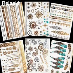 Gold Sun Moon Metallic Waterproof Tattoo Flower Girl Hand Temporary Tattoo Sticker Star Body Art Flash Fake Tatto Bracelet Women