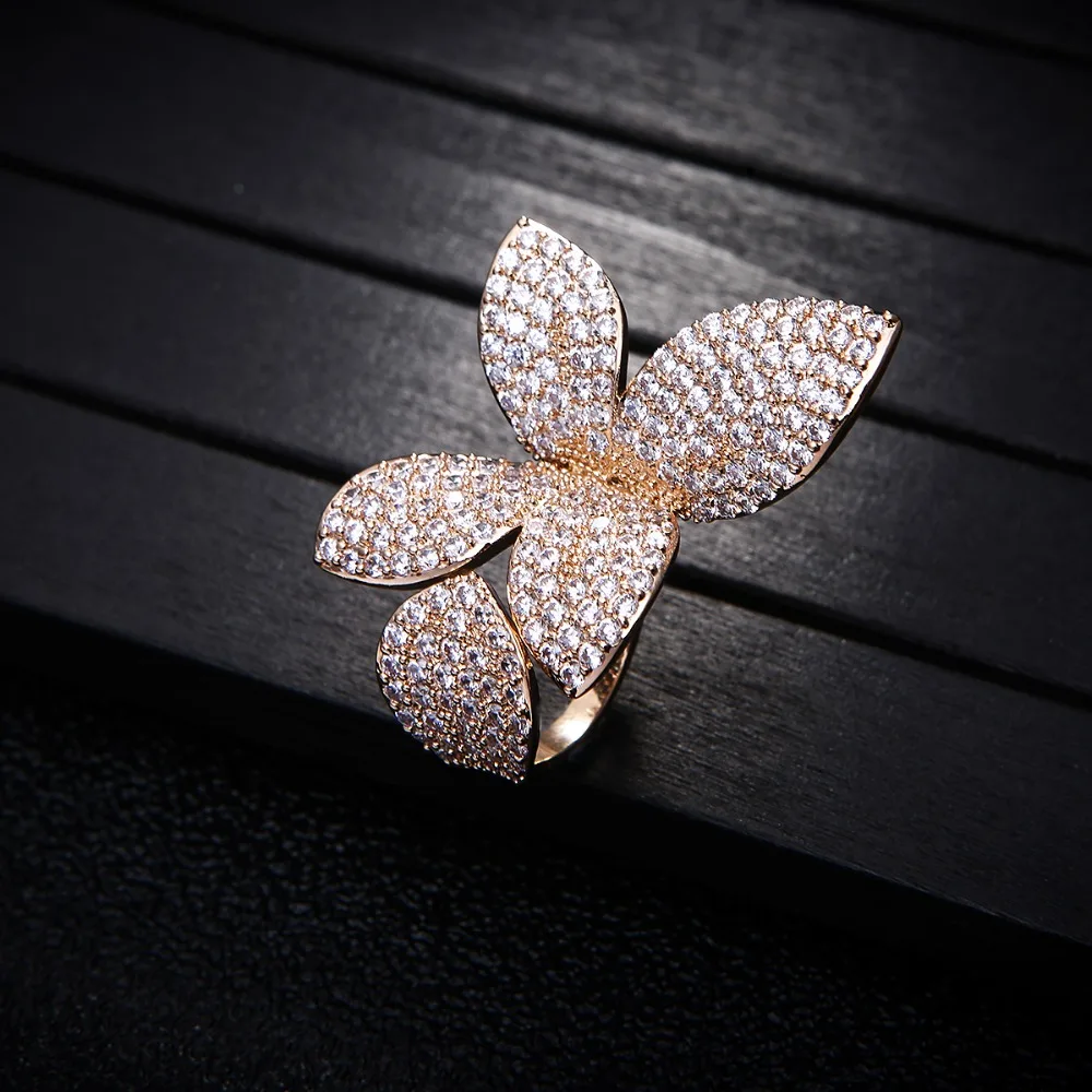 Luxury Plant Flower Shape Adjustable Rings Cubic Zirconia Engagement Bridal Finger Rings Jewelry Addiction For Women J1777