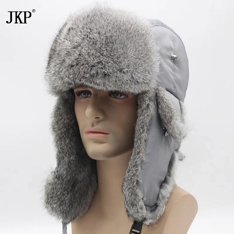 Winter fashion Bomber Trapper Hats Thick Winter Warm Rabbit Fur Hat Rex Thick Warm Snow Caps Ear Flap Caps  Russian  For Men