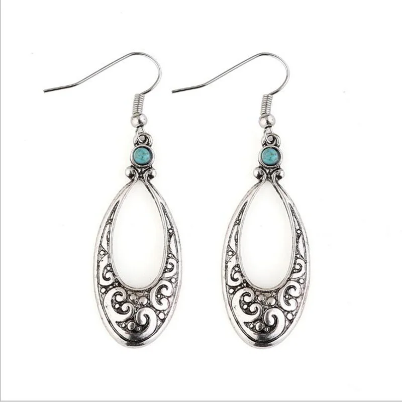 Boho Alloy Carved Waterdrop Dangle Earrings For Women Ethnic Metal Synthetic Stone Drop Earrings Pendietes Fashion  Jewelry