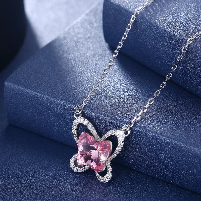 LEKANI Crystals From Austria Cute Butterfly Pendants Necklaces For Women Girls Fine Jewelry Real S925 Silver Chain Collares