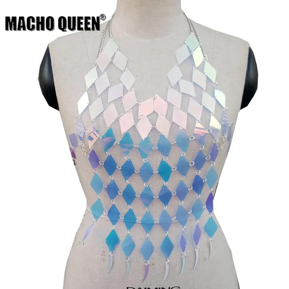 

Burning Man Costumes Holographic Rave Crop Top Outfits Clothes Festival Clothings Gear Sexy Body Chain