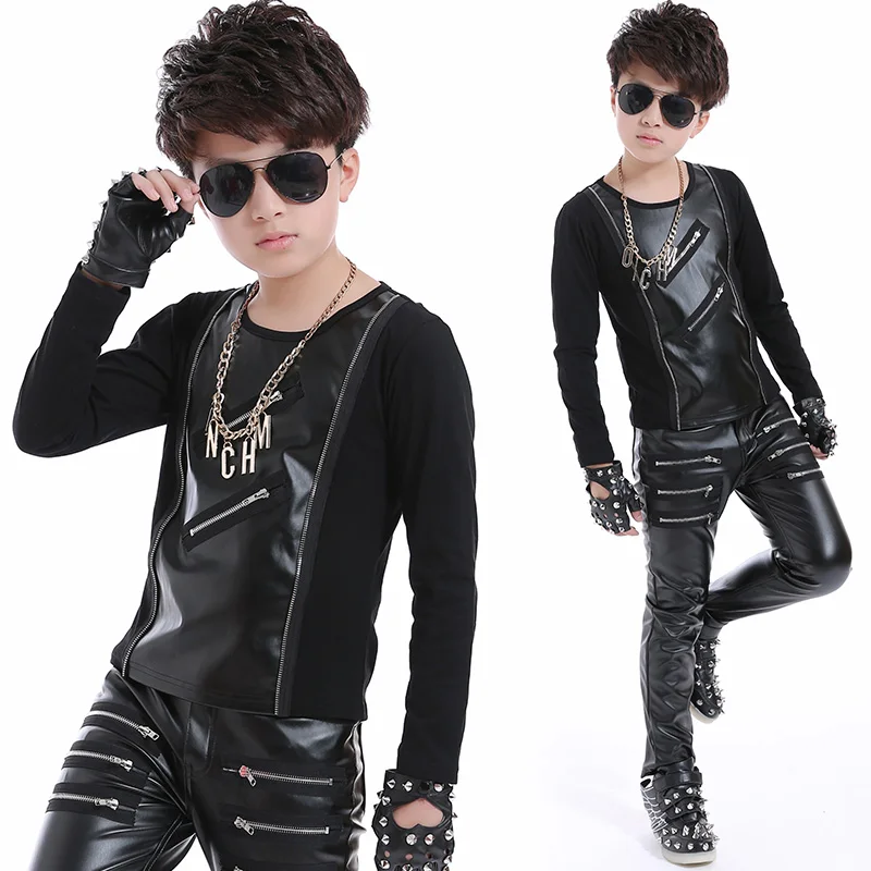 Jazz Kids Dance Costume Long Sleeved Top Leather Pants Hip Hop Set Children Street Dancing Clothes Boys Stage Outfit DNV11064