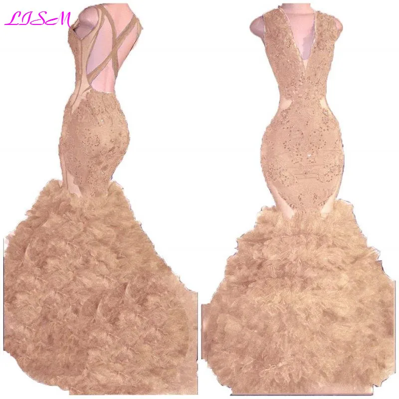 V-ausschnitt Perlen Meerjungfrau Prom Kleid 2019 Lange Sexy Backless Rüschen Abend Formal Pageant Kleider Spitze Applique Perlen Party Kleider