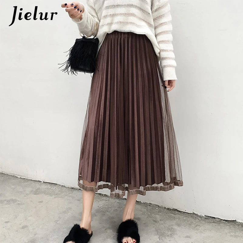 Jielur Autumn Ruffle Skirt Harajuku Korean Casual High Waist 5 Solid Color Elastic Long Skirt Women Pleated Slim Jupe Femme 2021