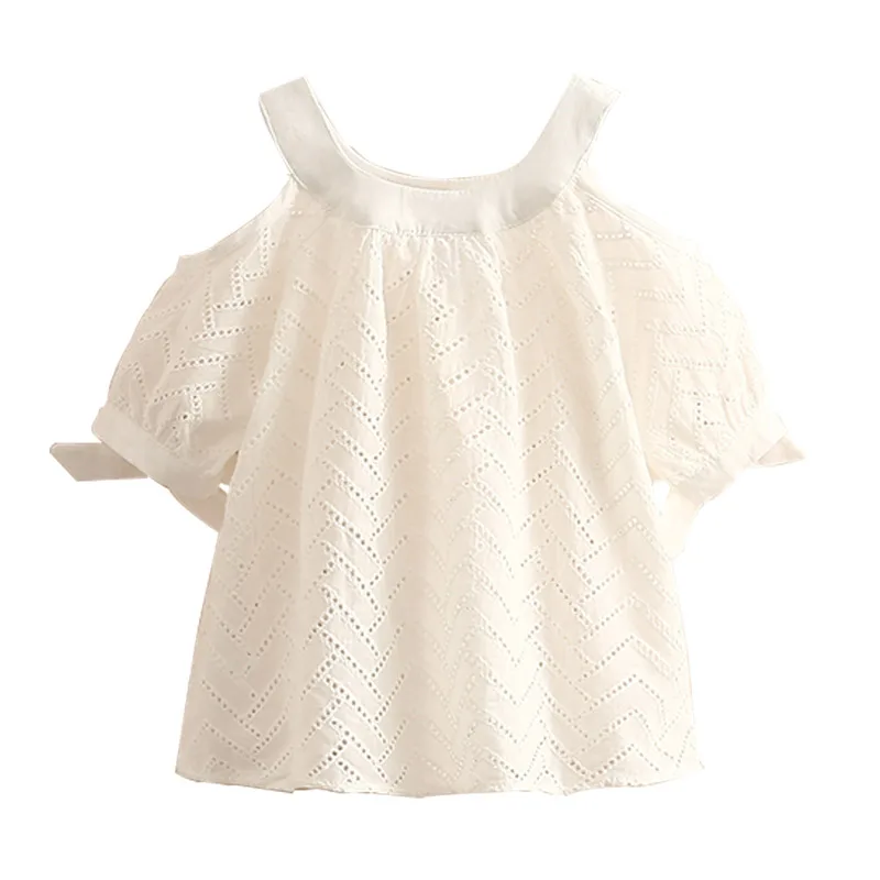 2024 Summer 2 3 4 5 6 7 8 10 Years Children Cotton Solid Color Hollow Out Wave Off Shoulder Strapless Kids Girl Blouse Shirt