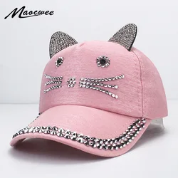 Gorra de béisbol con remaches de orejas de gato para niño y niña, sombrero de vaquero para el sol, Snapback con diamantes de imitación, informal