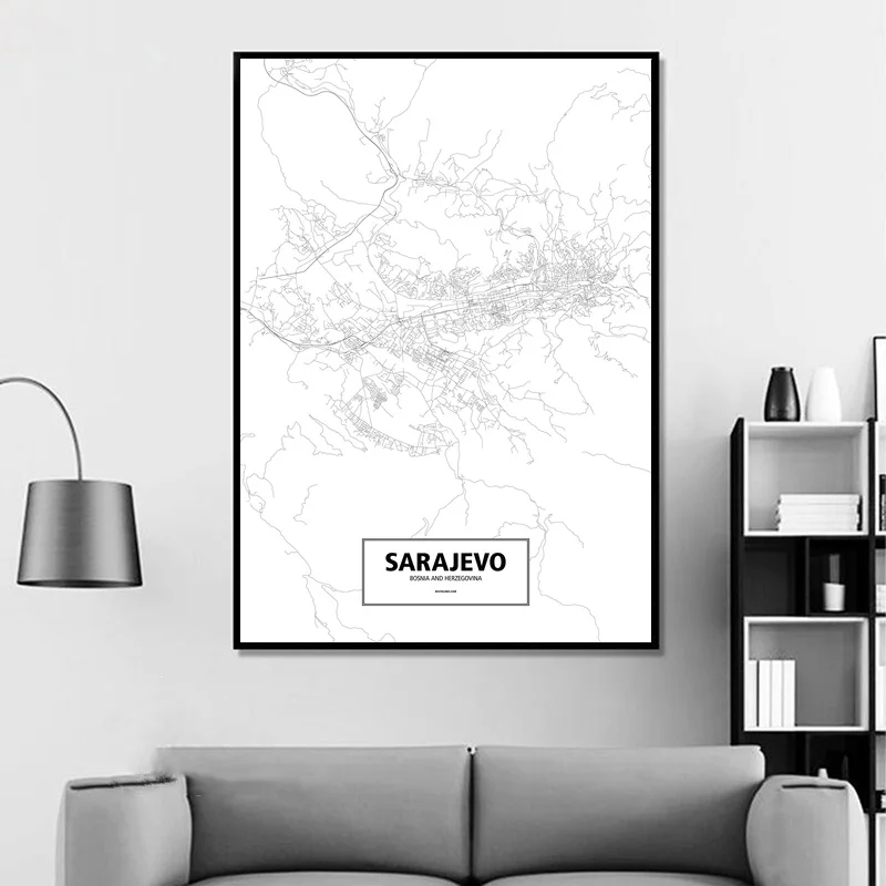 Sarajevo Bosnia and Herzegovina Black White Custom World City Map Poster Canvas Print Nordic Style Wall Art Home Decor