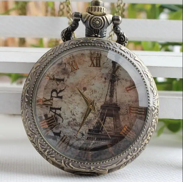 New Antique Eiffel Tower Rome Number Quartz Pocket Watch Necklace Pendant men and woman gift