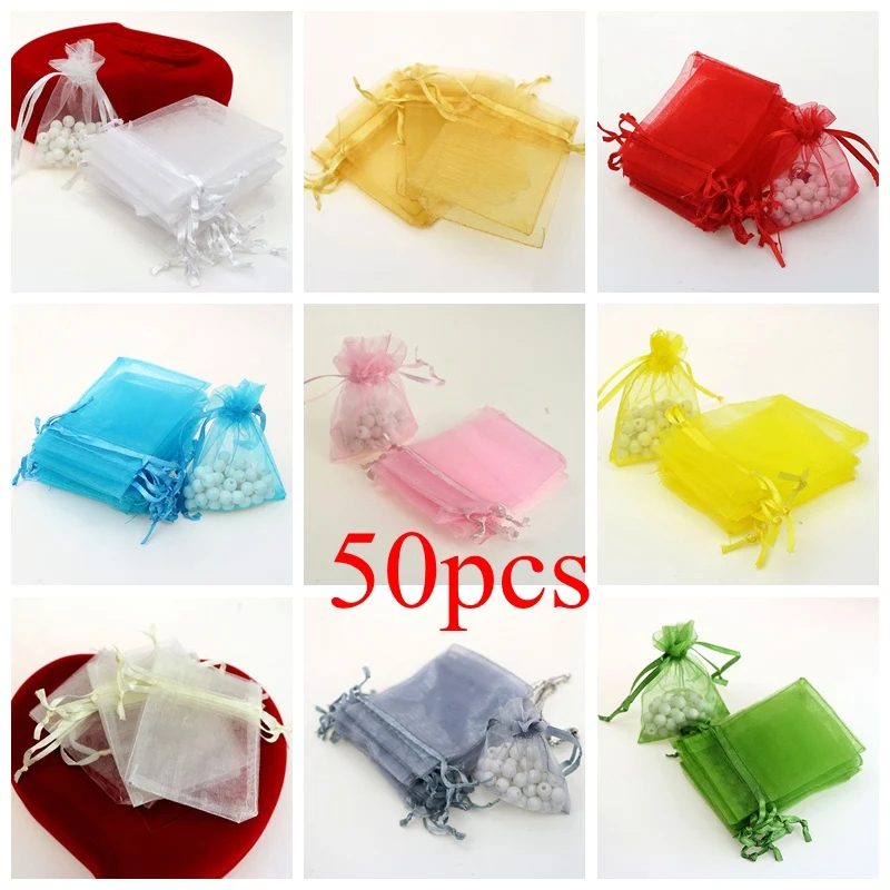 

50Pcs/lot Organza Bags 7x9CM Jewelry Packaging Bags Wedding Party Decoration Drawable Bags Gift Pouches 16 Colors