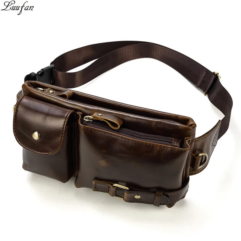 

Casual Genuine Leather Man Waist Pack Fanny Pack Belt Bag Phone Pouch Sporty Small Crossbody Bag Travel Chest Pack for Biker