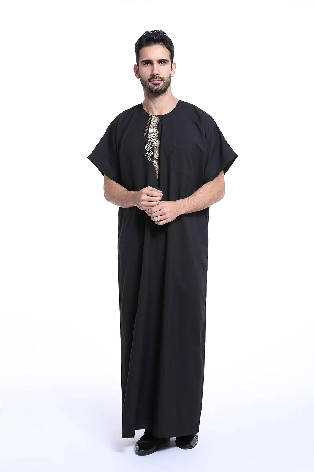 Islamska saudyjska szata Kaftan Thawb mężczyźni muzułmańskie wycięcie pod szyją haft dubaj długa abaja Ramadan Thobe Arabia sukienka z krótkim rękawem kaftan