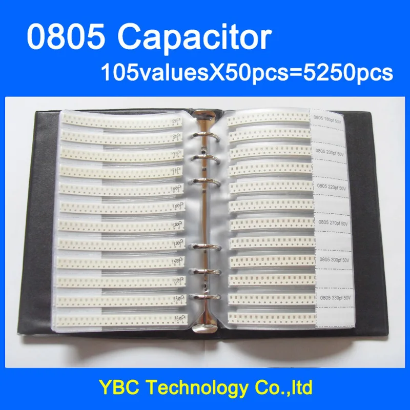 Free Shipping 0805 SMD Capacitor Sample Book 105valuesX50pcs=5250pcs 0.5PF~10UF Capacitor Assortment Kit Pack