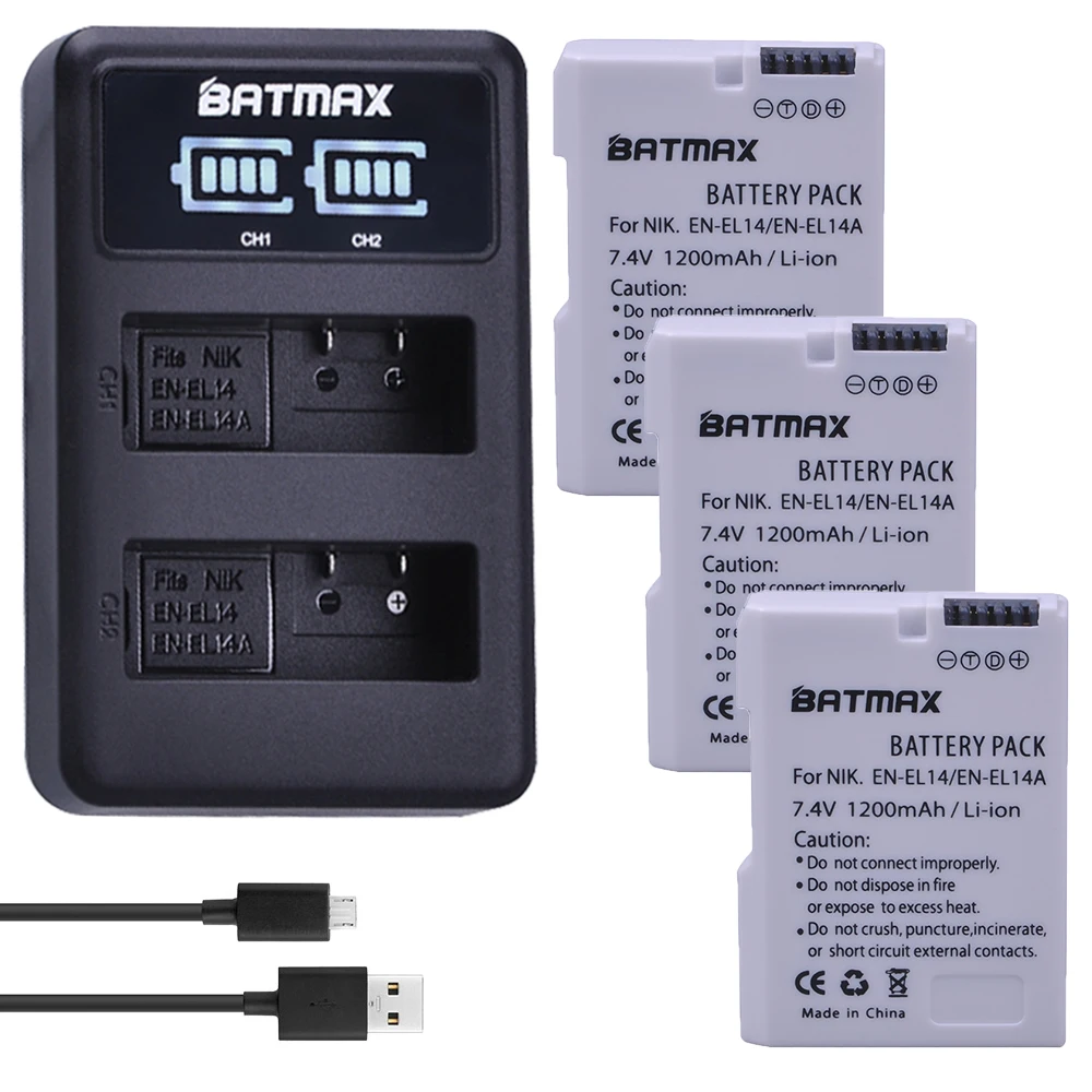 Batmax-Batería de cámara blanca EN-EL14a, Cargador USB Dual LED para Nikon D300, D5600, D5300, D5200, D5100, D3300, D3200, D3100, 3 uds.