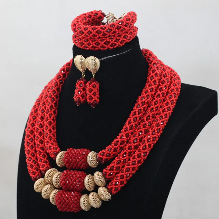 Indian Crystal Red African Beads Statement Jewelry Sets Bib Necklace Set Women Event Party Jewelry Set Free Shipping ABH460