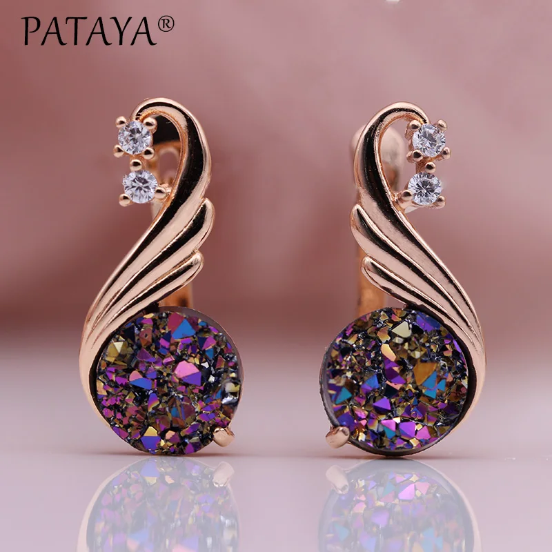 PATAYA New 585 Rose Gold Color Natural Zircon Women Fashion Jewelry Champagne Crystal Opal Onyx Earring Wedding Fine Earrings