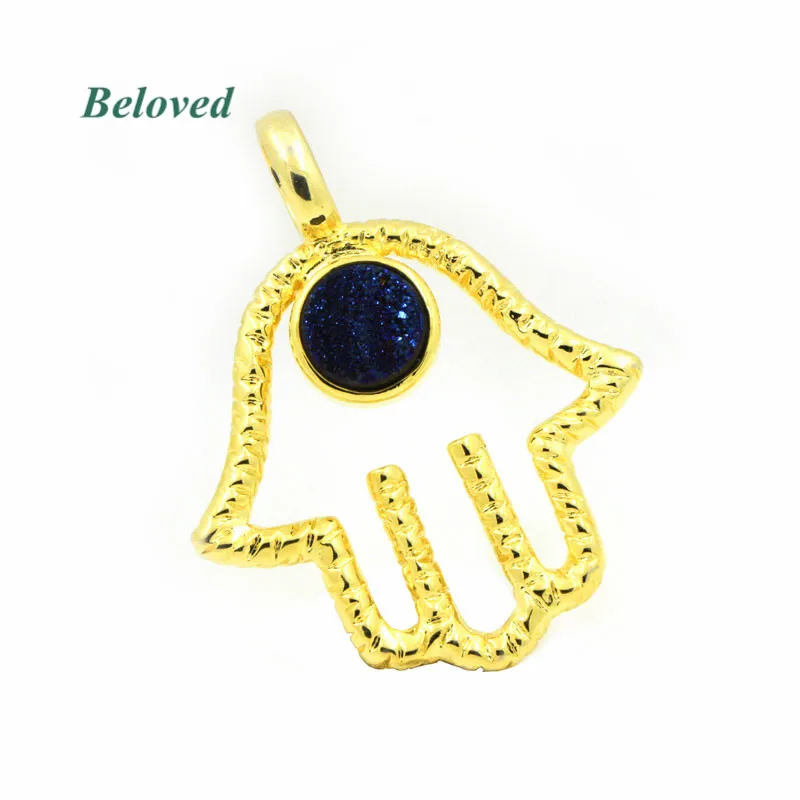 Hollow Fatima Hamsa Hand Pendant With Druzy Titanium Agates Geode,Gold Color Quartz Gems Jewelry Making Findings, BG18154