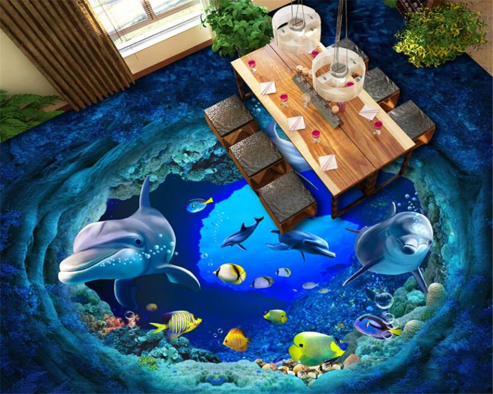 Custom wallpaper marine animal background floor stickers living room bedroom bathroom floor PVC waterproof stickers 3d floor