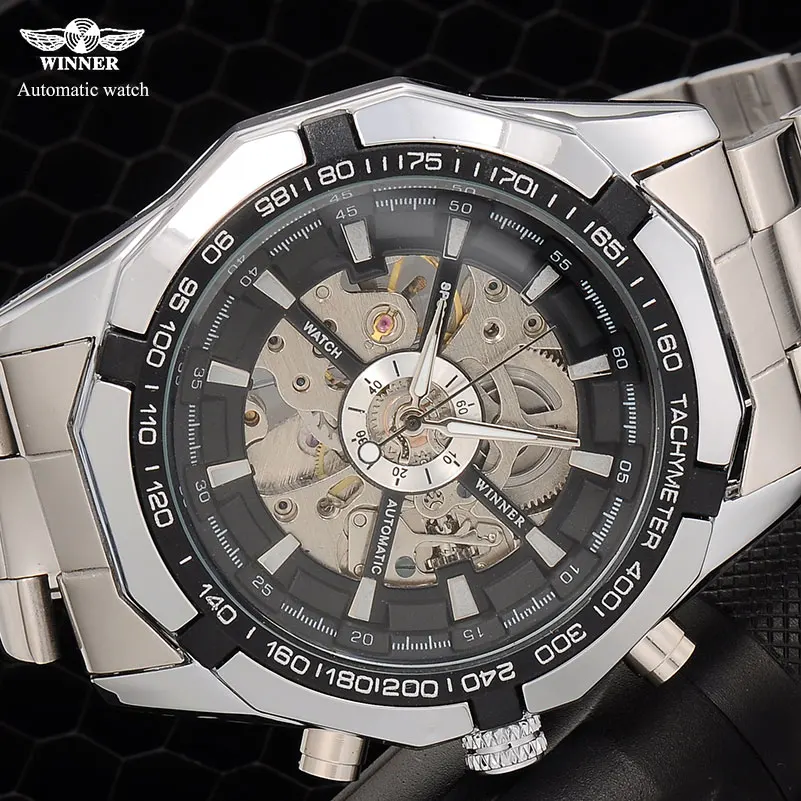 2023 Winner brand Luxury Sport men\'s Automatic Skeleton Mechanical Military fashion casual Watch Men Silver full Steel Band