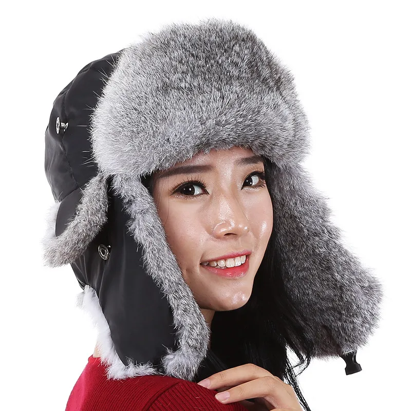 

Women's Bomber Hats of natural rabbit fur Female Winter Caps Ear Warmers brown red black gray 6 colors Fashion Headgear H192